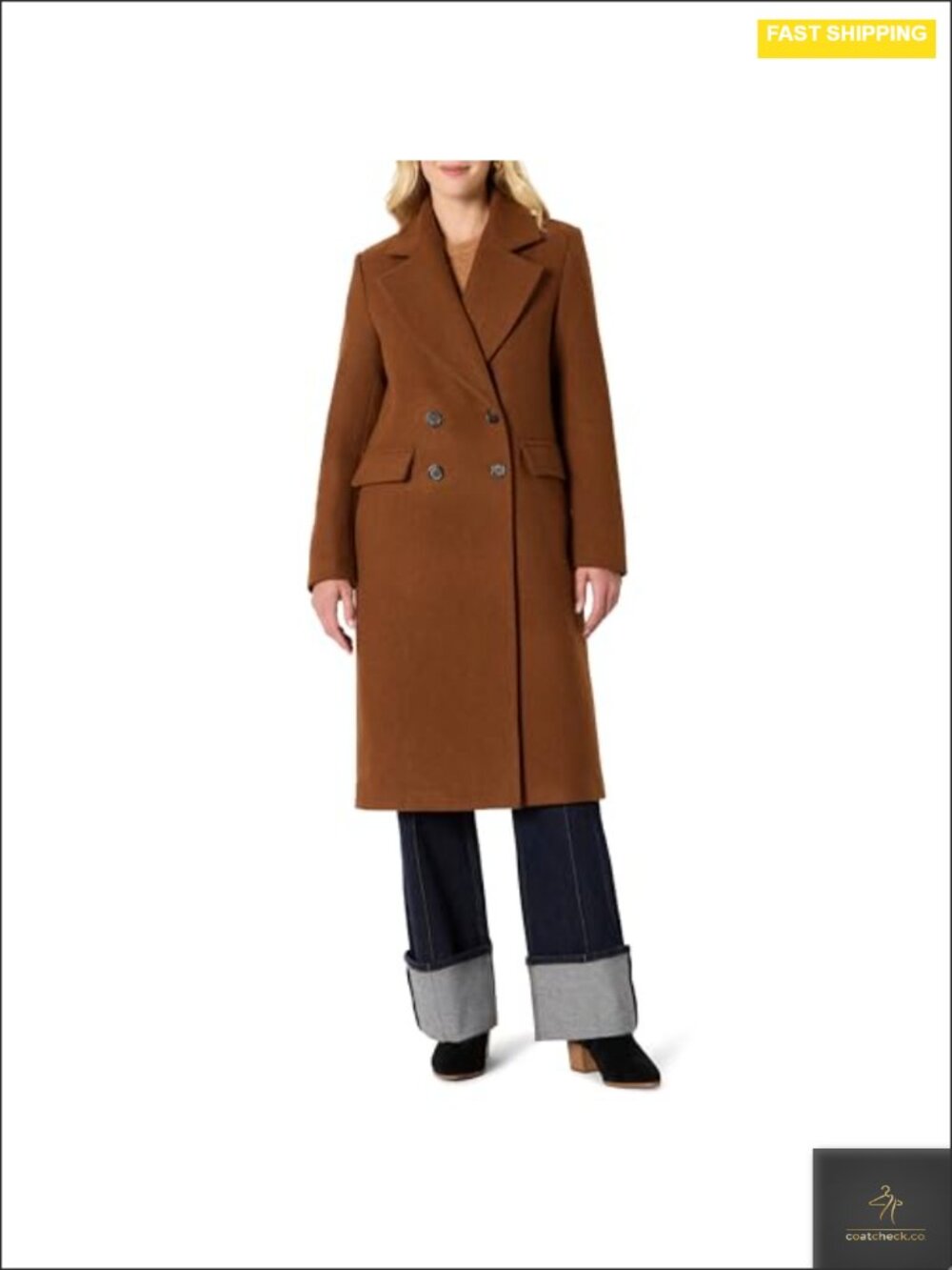 Women's Double-Breasted Wool-Blend Longline Coat Relaxed Fit Notched Collar